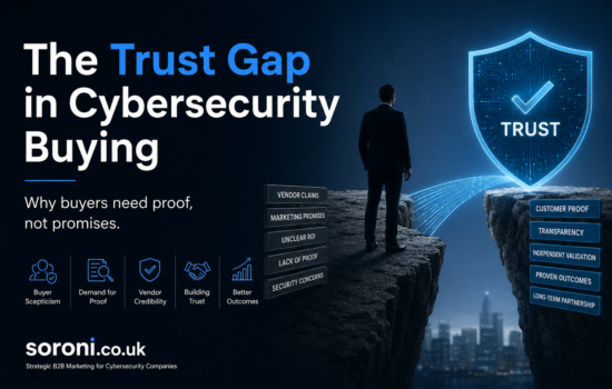 A cybersecurity-themed digital illustration showing a business professional standing on the edge of a cliff, facing a glowing shield marked "Trust" across a gap bridged by a stream of digital data. The left side features the headline "The Trust Gap in Cybersecurity Buying" with the subtitle "Why buyers need proof, not promises." Visual elements highlight key cybersecurity buying factors including buyer scepticism, demand for proof, vendor credibility, trust building, and measurable outcomes. The image uses dark blue tones, futuristic cybersecurity imagery, and Soroni.co.uk branding to represent the importance of trust, transparency, and evidence in cybersecurity purchasing decisions.
