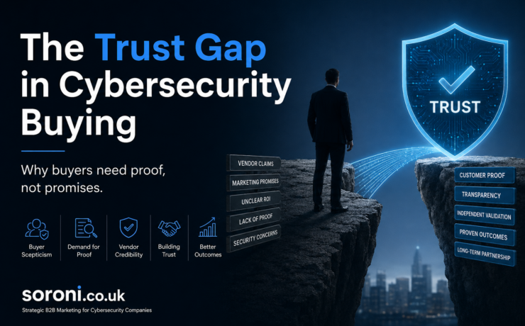 A cybersecurity-themed digital illustration showing a business professional standing on the edge of a cliff, facing a glowing shield marked "Trust" across a gap bridged by a stream of digital data. The left side features the headline "The Trust Gap in Cybersecurity Buying" with the subtitle "Why buyers need proof, not promises." Visual elements highlight key cybersecurity buying factors including buyer scepticism, demand for proof, vendor credibility, trust building, and measurable outcomes. The image uses dark blue tones, futuristic cybersecurity imagery, and Soroni.co.uk branding to represent the importance of trust, transparency, and evidence in cybersecurity purchasing decisions.